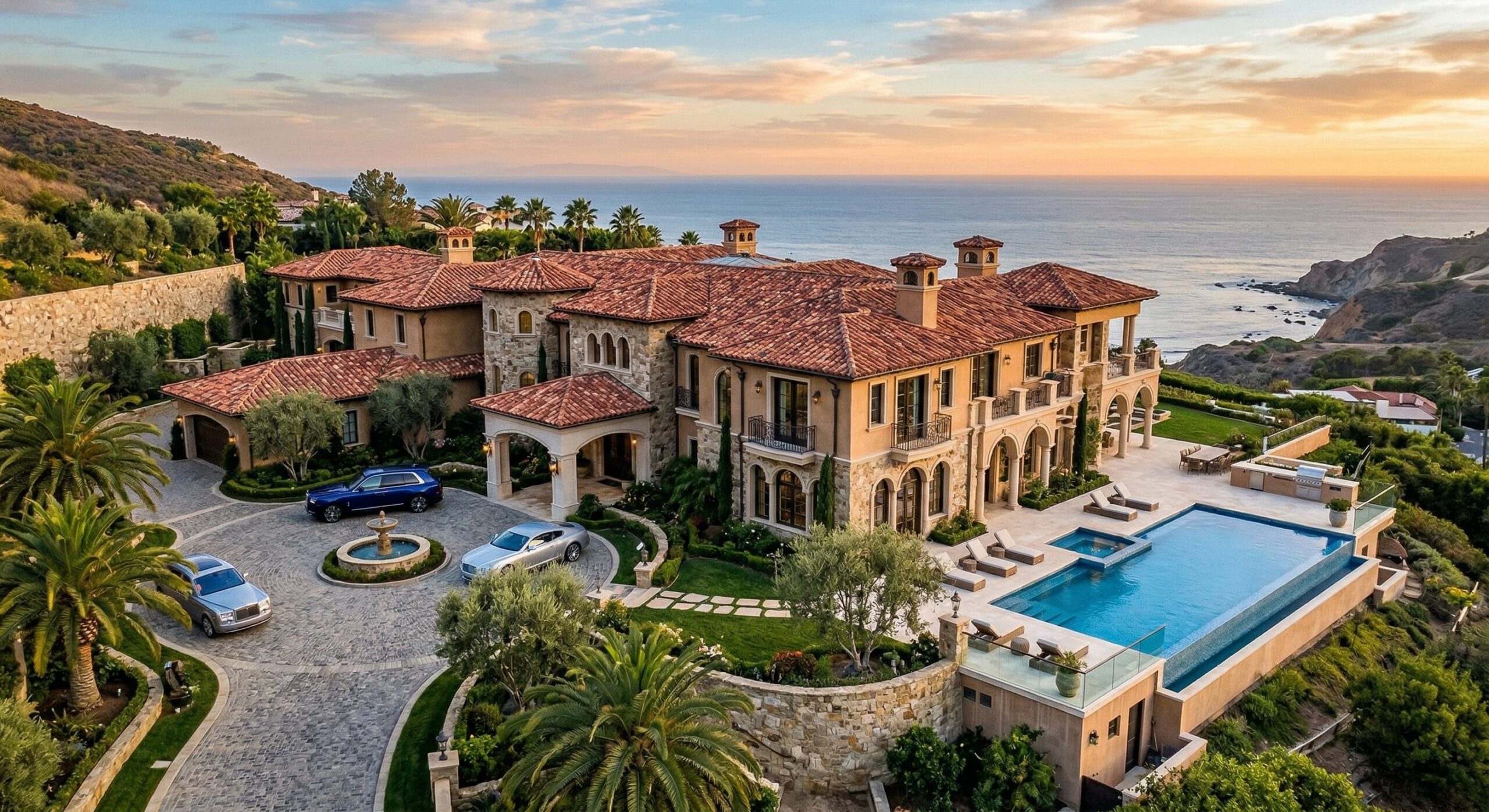 Luxurious coastal Mediterranean villa with an infinity pool and a blue Rolls-Royce, at sunset overlooking the Pacific Ocean.